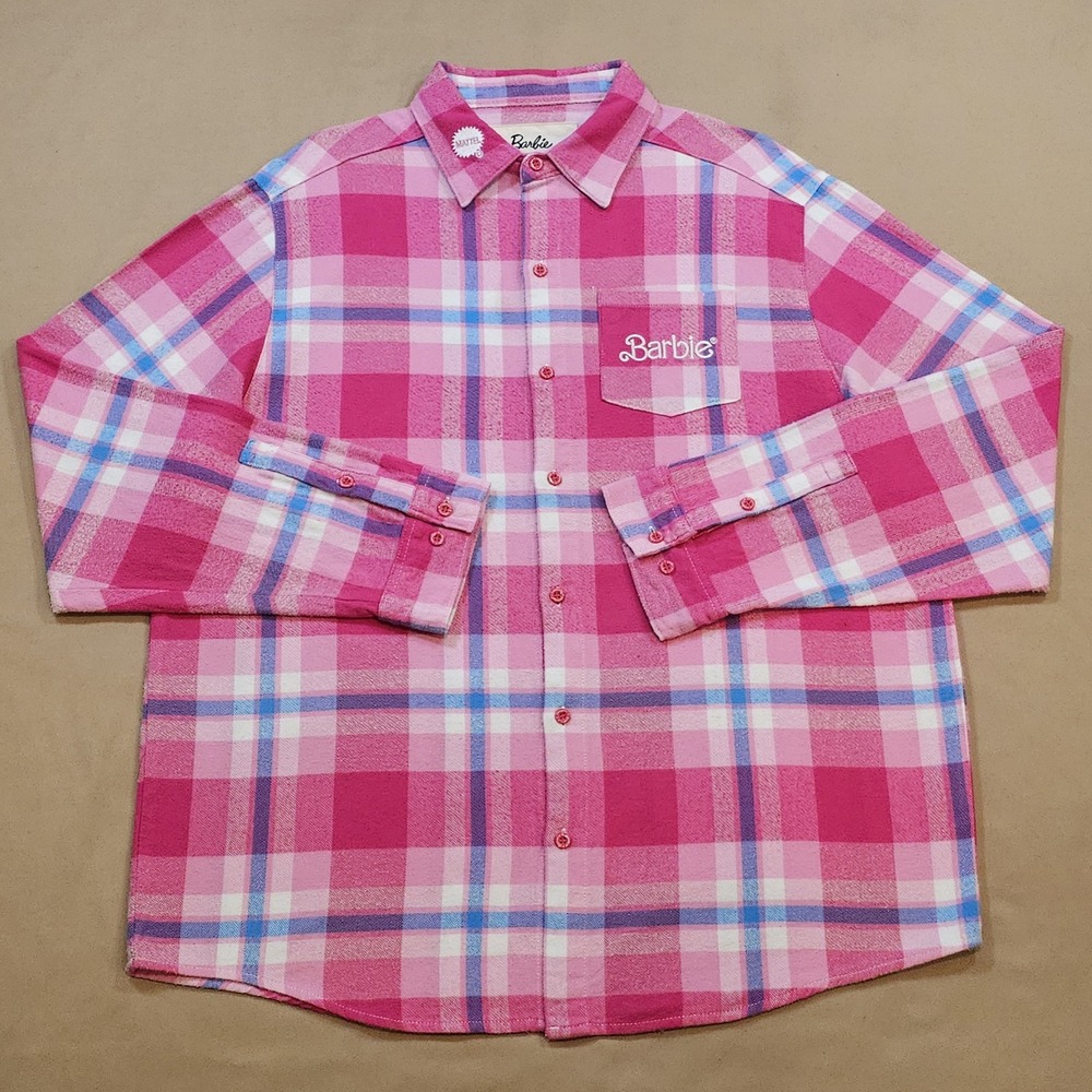 Cakeworthy Barbie Shirt Unisex Size XL Pink Flannel Plaid Mattel Limited Edition